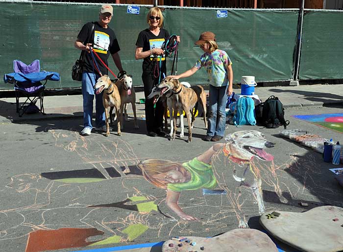 The greyhounds visit Catie and the painting