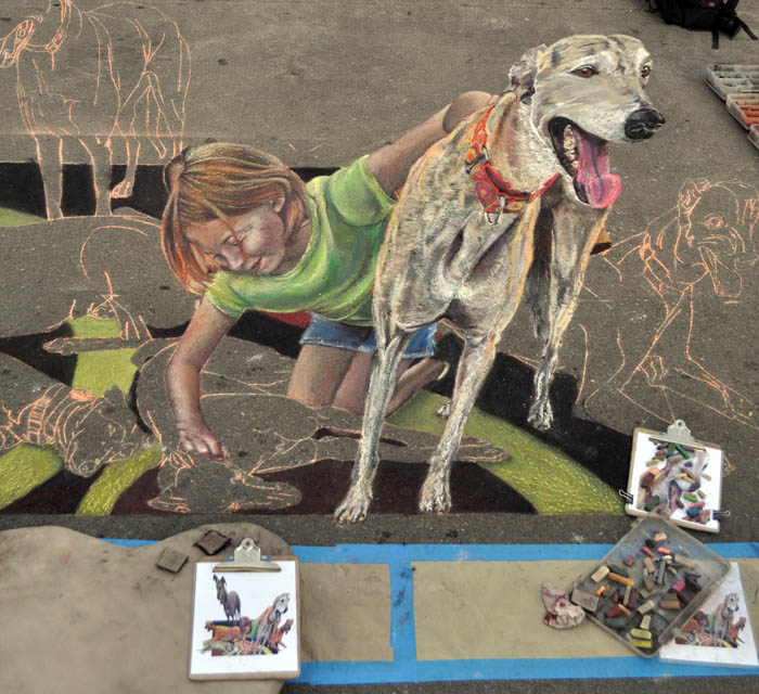 Close up of the painting showing Catie and Buzby