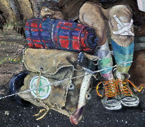 Closeup of the completed backpack and knees