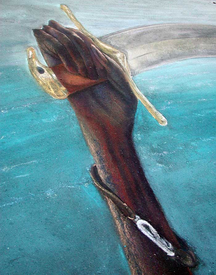 Close view of the pirate arm and sword