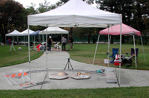 View of the painting area with pop-up tent overhead